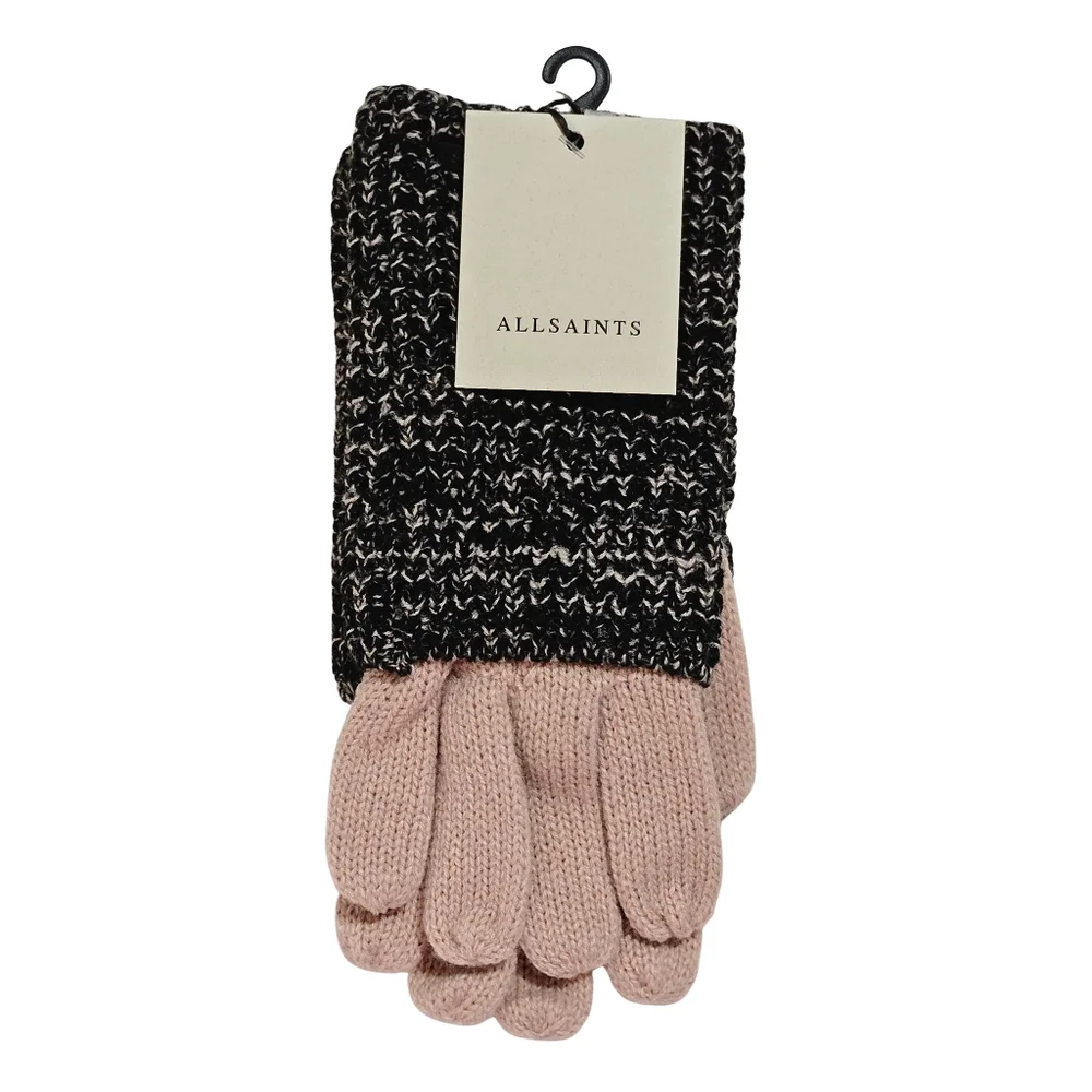 All Saints Gloves Black Blush Angled Stitch Marled Wool Blend Knit Streetwear